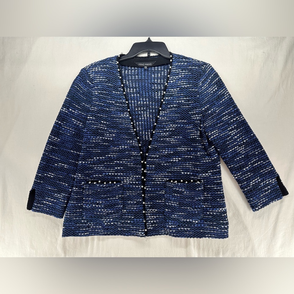 Ming Wang Pearl Trimmed Tweed Jacket Blazer Blue 3/4 Sleeve Womens Size Petite M
